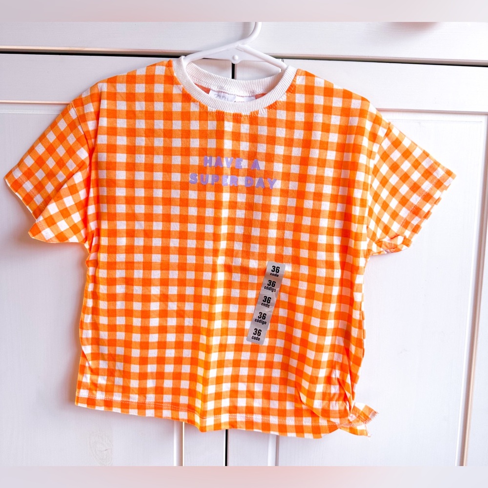 Zara BabyGirl “Have a super day” Gingham Tie Front T-shirt